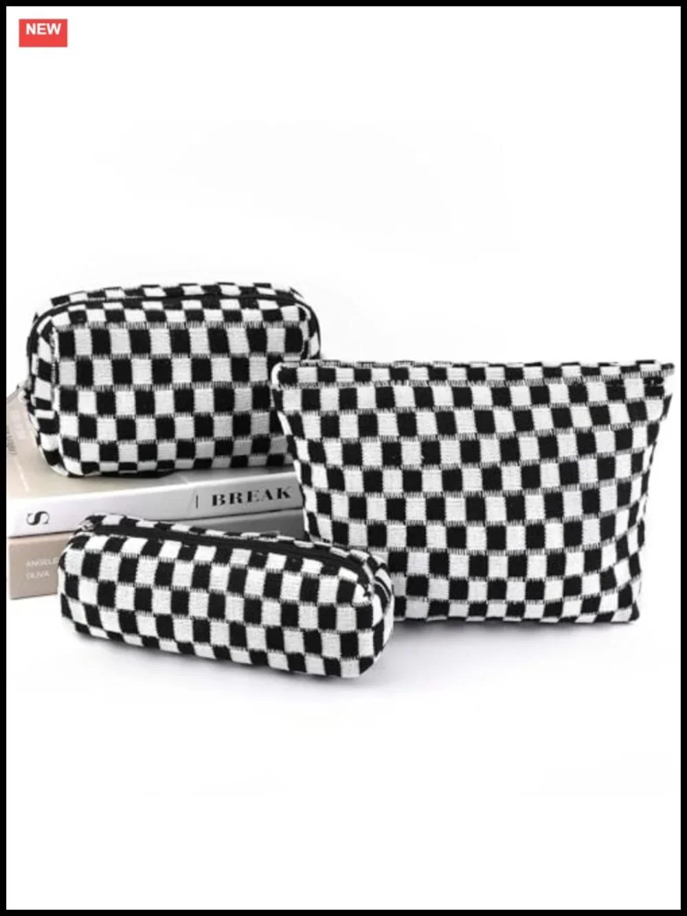 3-Piece Checkered Makeup Bag Set Large Capacity Travel Cosmetic Organizer Pouch